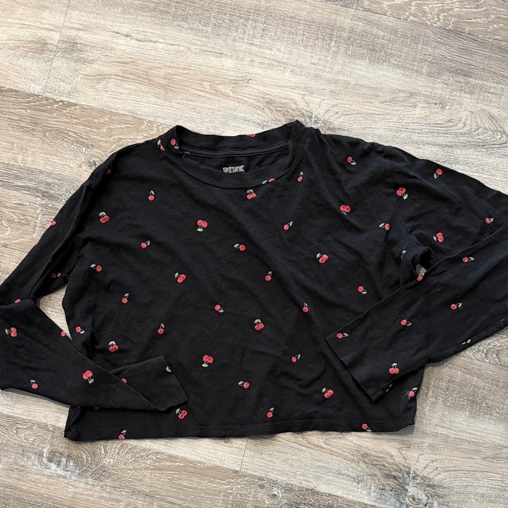 PINK Black Long Sleeve Cherry Print Top sz s